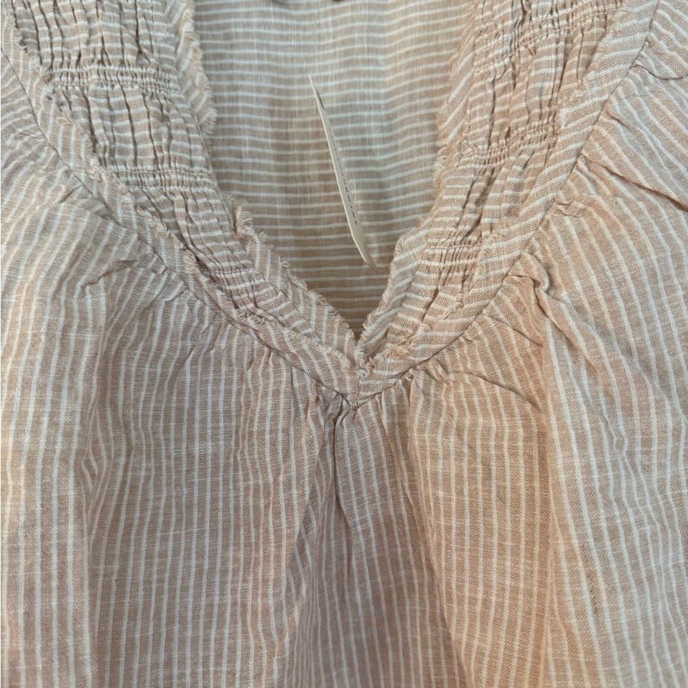 By Anthropologie Short-Sleeve Smocked Linen-Blend Blouse NWT